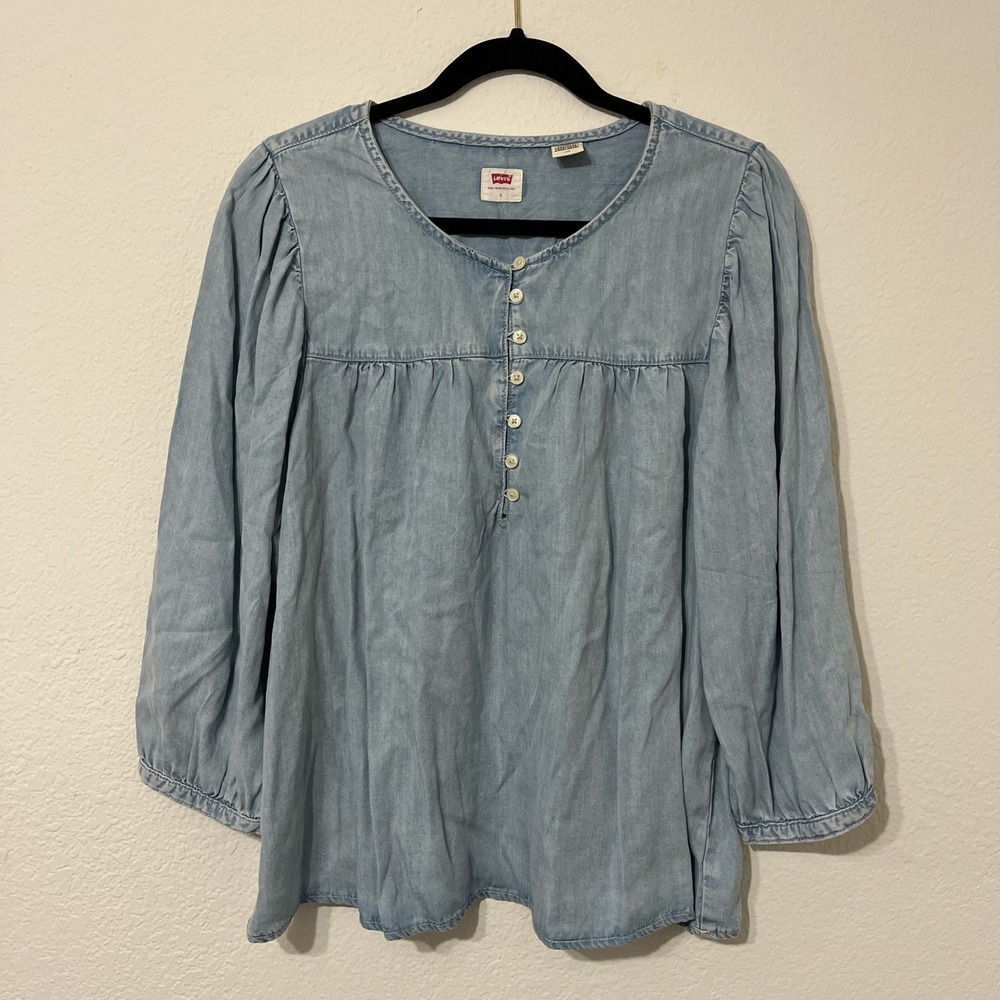 Levi's Chambray Blouse Women‎ Large Light Blue Excellent Puff Sleeve Boho Top